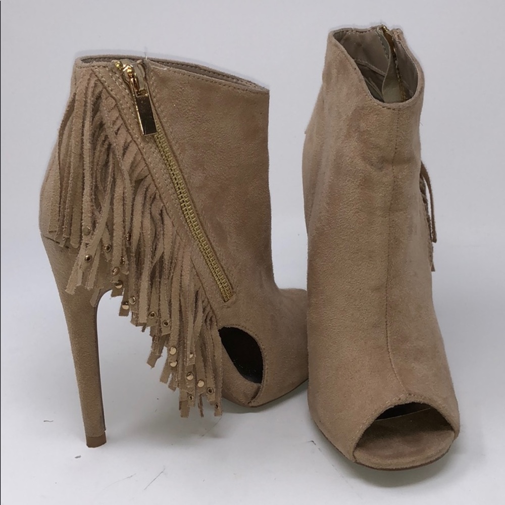 Suede Peep Toe Fringe Heels